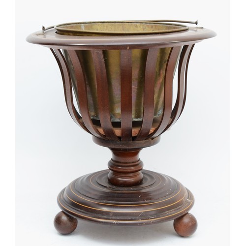 445 - A mahogany and boxwood inlaid circular urn shape planter, with brass liner and handle, diameter 37cm... 