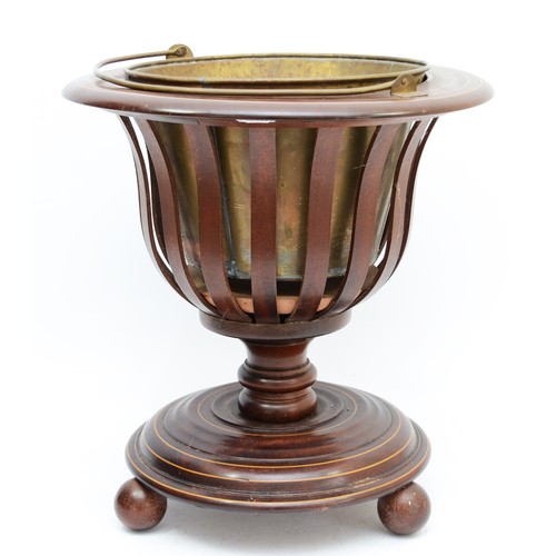 445 - A mahogany and boxwood inlaid circular urn shape planter, with brass liner and handle, diameter 37cm... 