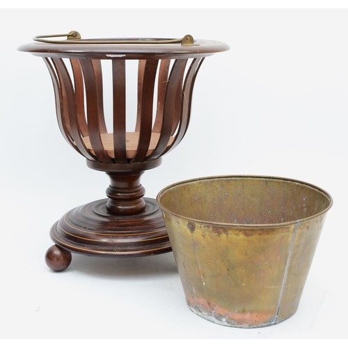 445 - A mahogany and boxwood inlaid circular urn shape planter, with brass liner and handle, diameter 37cm... 