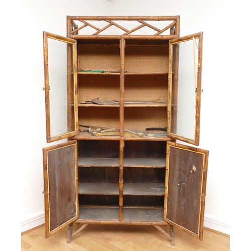 446 - An Edwardian bamboo cabinet, two glass doors over two cupboard doors, splayed legs, 92 x 190 x 35cm