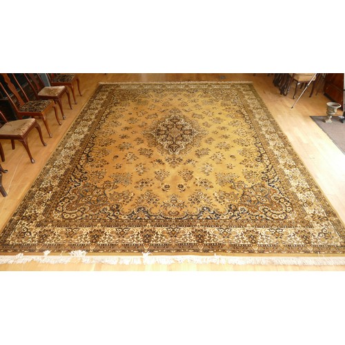 447 - A Belgium wool Kandahar large rug, mustard field, 366 x 457cm, 20cm cut to one edge