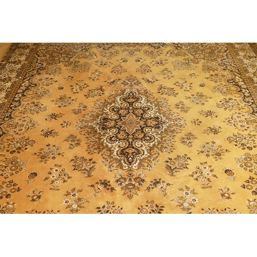 447 - A Belgium wool Kandahar large rug, mustard field, 366 x 457cm, 20cm cut to one edge