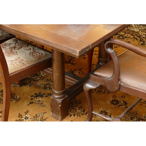 448 - A large oak refectory table, with turned legs and central stretcher, 106 x 274 x 74cm, together with... 