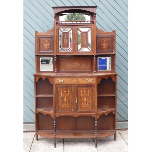 451 - An Edwardian rosewood and boxwood inlaid cabinet, the upper section with mirrored cupboard doors, fl... 