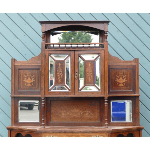 451 - An Edwardian rosewood and boxwood inlaid cabinet, the upper section with mirrored cupboard doors, fl... 