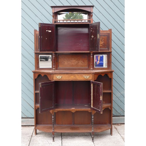 451 - An Edwardian rosewood and boxwood inlaid cabinet, the upper section with mirrored cupboard doors, fl... 