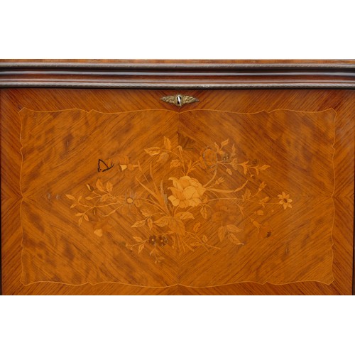 452 - A French mahogany, kingwood and boxwood inlaid drinks cabinet, the fall front with mirrored interior... 