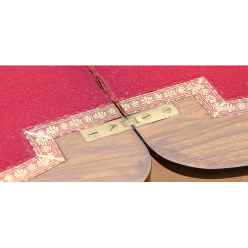 442 - A Victorian burr walnut, ebonised and boxwood fold over games table, with red leather insert, raised... 