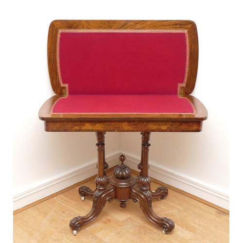 442 - A Victorian burr walnut, ebonised and boxwood fold over games table, with red leather insert, raised... 