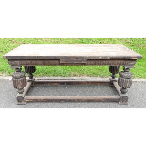 464 - An 18th century and later refectory table, having a three plank sycamore top with cleated ends, upon... 