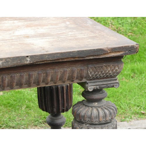 464 - An 18th century and later refectory table, having a three plank sycamore top with cleated ends, upon... 