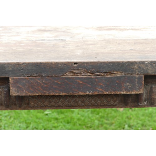 464 - An 18th century and later refectory table, having a three plank sycamore top with cleated ends, upon... 