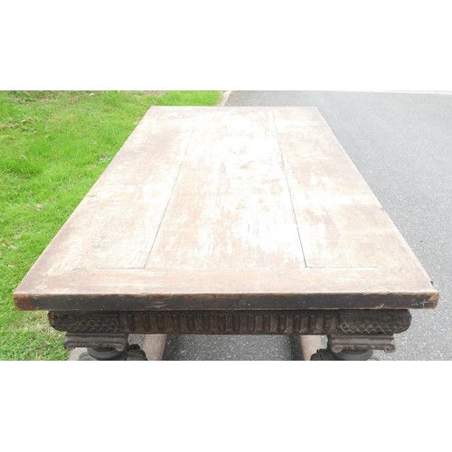 464 - An 18th century and later refectory table, having a three plank sycamore top with cleated ends, upon... 