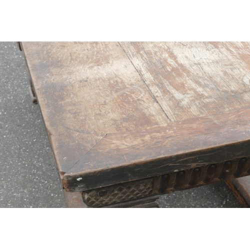 464 - An 18th century and later refectory table, having a three plank sycamore top with cleated ends, upon... 