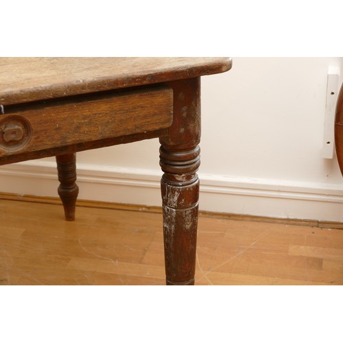 465 - A 19th century rectangular country kitchen table having five plank top with moulded frieze, two draw... 