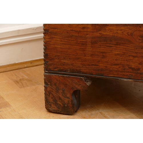 468 - An 18th century six plank chest of rectangular form, the hinged top opening to a fitted candle box, ... 