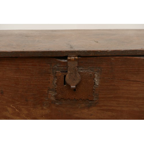 470 - An 18th century oak six plank chest or coffer, rectangular hinged top with carved rails, end boards ... 