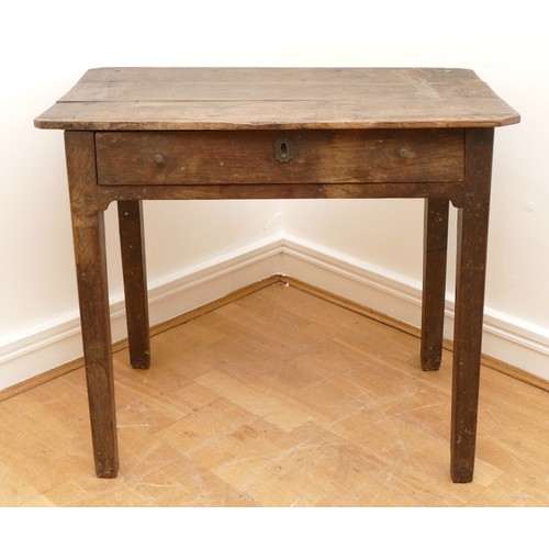 474 - An 18th century oak hall table, the three plank top of rectangular form, above single long drawer ra... 