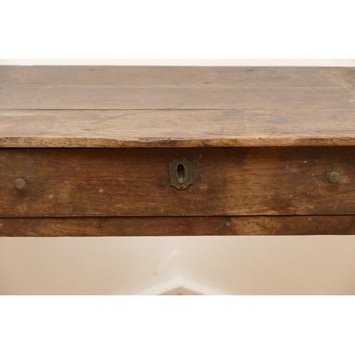 474 - An 18th century oak hall table, the three plank top of rectangular form, above single long drawer ra... 