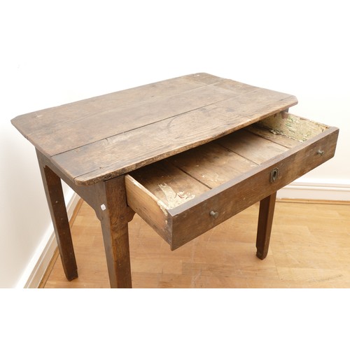 474 - An 18th century oak hall table, the three plank top of rectangular form, above single long drawer ra... 