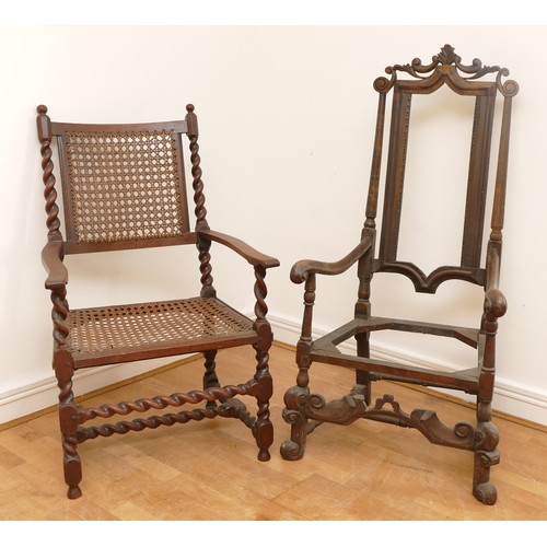 481 - A 19th century mahogany armchair, barley twist with caned seat and backrest, W63, H103, together wit... 