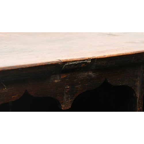 493 - A 17th century and later oak bureau, the sloping fall front enclosing a fitted interior with various... 