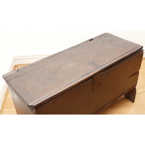 497 - A 17th century oak bible box, the hinged sloping top with carved lunette detail to the sides, W85, D... 