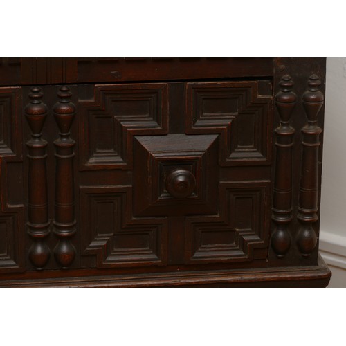 508 - A 19th century Spanish or Portuguese oak chest, the rectangular top with moulded edges over carved f... 