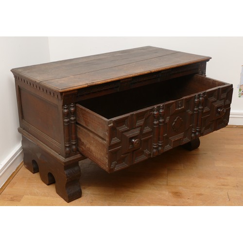 508 - A 19th century Spanish or Portuguese oak chest, the rectangular top with moulded edges over carved f... 