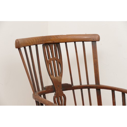 512 - An 18th Century ash primitive shawl back Windsor chair, West Country, the arched top rail above a sp... 