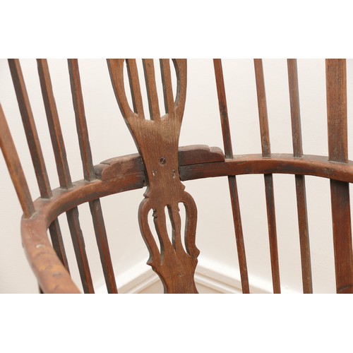 512 - An 18th Century ash primitive shawl back Windsor chair, West Country, the arched top rail above a sp... 