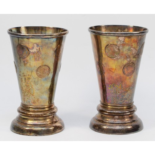 3 - A George III pair of Old Sheffield Plate tavern gaming coin beaker, c. 1810, conical form on stepped... 