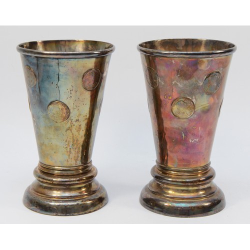 3 - A George III pair of Old Sheffield Plate tavern gaming coin beaker, c. 1810, conical form on stepped... 