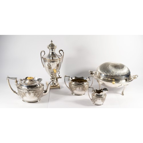 6 - An EPNS tea kettle on stand, and other plated wares together with an electroplated oval bacon dish, ... 