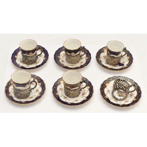 13 - An Edwardian silver mounted set of six Coalport coffee cans with saucers, Sheffield 1908, three cans... 