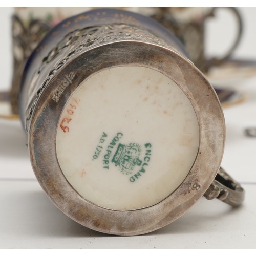 13 - An Edwardian silver mounted set of six Coalport coffee cans with saucers, Sheffield 1908, three cans... 