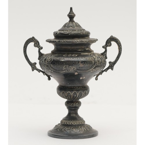 29 - A silver two handled trophy cup and cover, London 1911, inscribed Chatham B.C., 10cm, 59gm