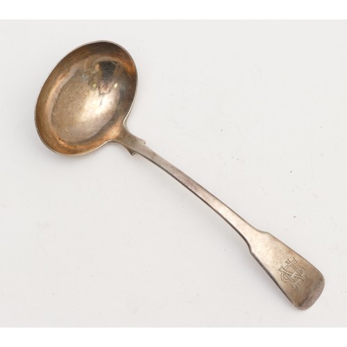 43 - A George IV silver fiddle pattern ladle, by Edward Thomason, Birmingham 1823, later monogram, 16.5cm... 