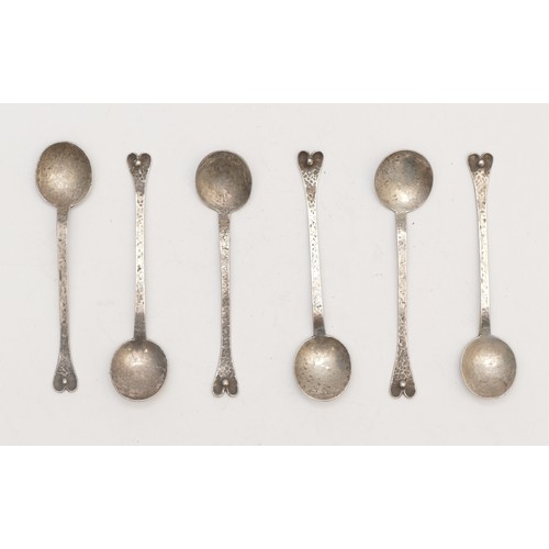 48 - A set of six unmarked Arts & Crafts coffee spoons, hammered finish, 39gm