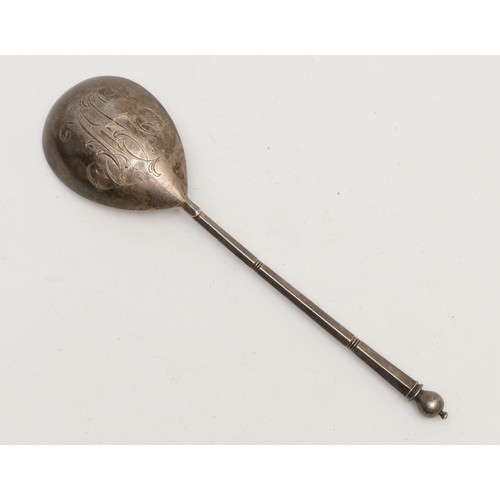 51 - A Russian silver table spoon, 84 and Moscow mark, c.1882 - 1899, hexagonal shaft, ball finial, monog... 