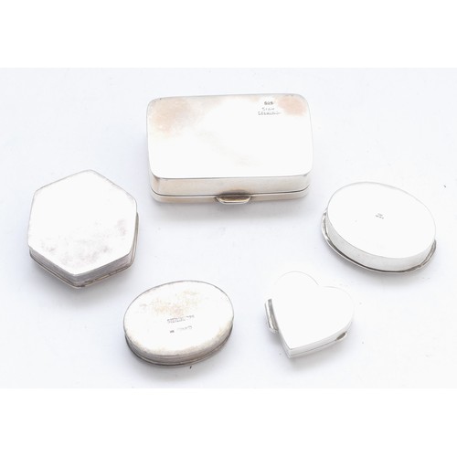 54 - A Siam Sterling silver pill box, 4.5 x 3cm and four UK assayed silver pill boxes, 58gm