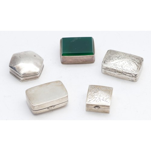 55 - Three UK silver assayed pill boxes, with engraved covers and two 925 silver pill boxes, 65gm