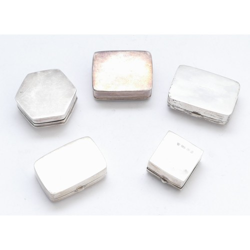 55 - Three UK silver assayed pill boxes, with engraved covers and two 925 silver pill boxes, 65gm