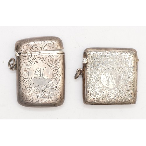 57 - A Victorian silver vesta case, Birmingham 1899, hinge pin defective and another Birmingham 1910, 64g... 