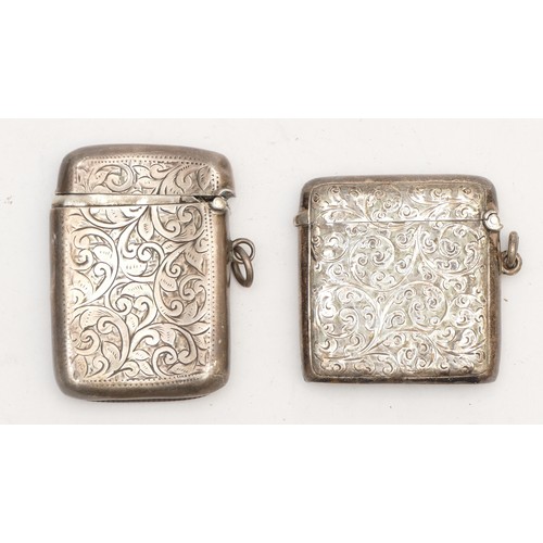 57 - A Victorian silver vesta case, Birmingham 1899, hinge pin defective and another Birmingham 1910, 64g... 