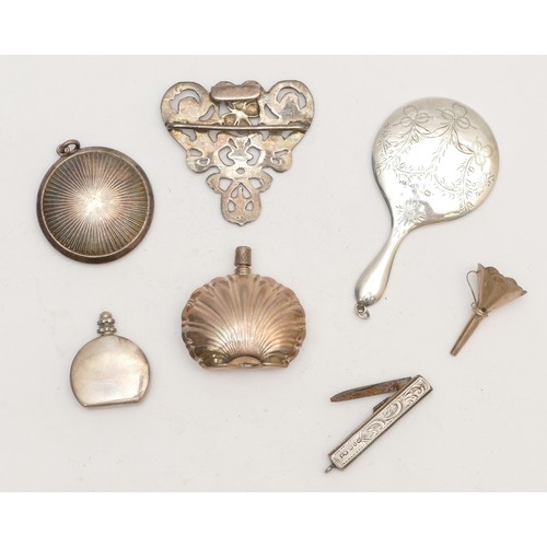 62 - A silver hand bag mirror, Birmingham c.1910 and other silver collectables, 98gm