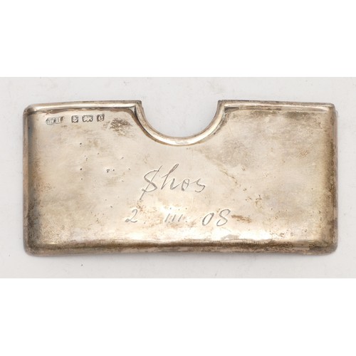 75 - An Edwardian silver visiting card case, Birmingham 1904, engraved Shos, 2 iii 08, 8cm, 33gm