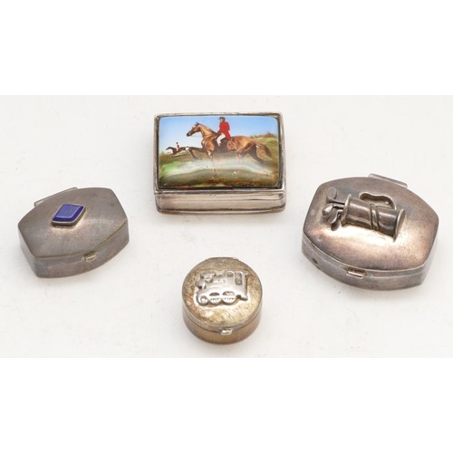 77 - A 925 silver and enamel huntsman pill box, 3.5 x 3cm, a 925 silver pill box with golf clubs and two ... 