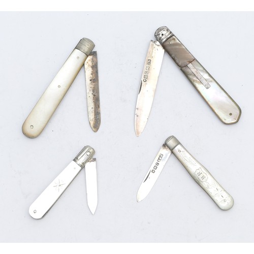 87 - Four silver and mother of pearl fruit knives, Victorian and later