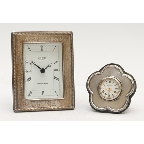 89 - A silver mounted quartz desk clock, by Carrs, Sheffield 2005, 12 x 9cm and another example, London 1... 